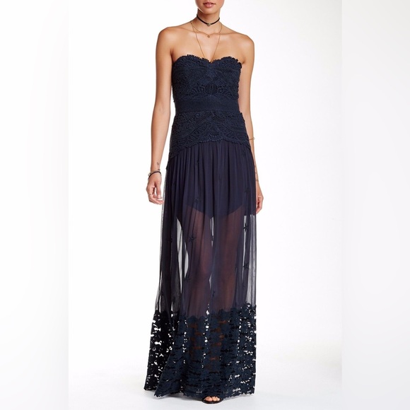 Free People Monarch Crochet Lace Mesh Embroidered Open Back Strapless Maxi Gown - Picture 2 of 4